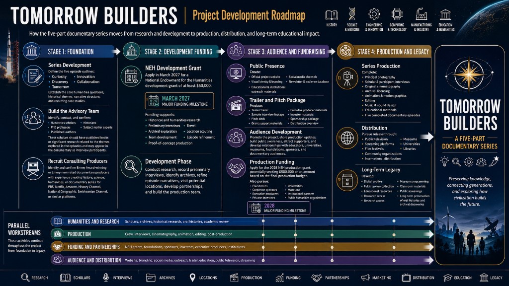 Tomorrow Builders project development roadmap infographic showing four project stages and parallel workstreams.